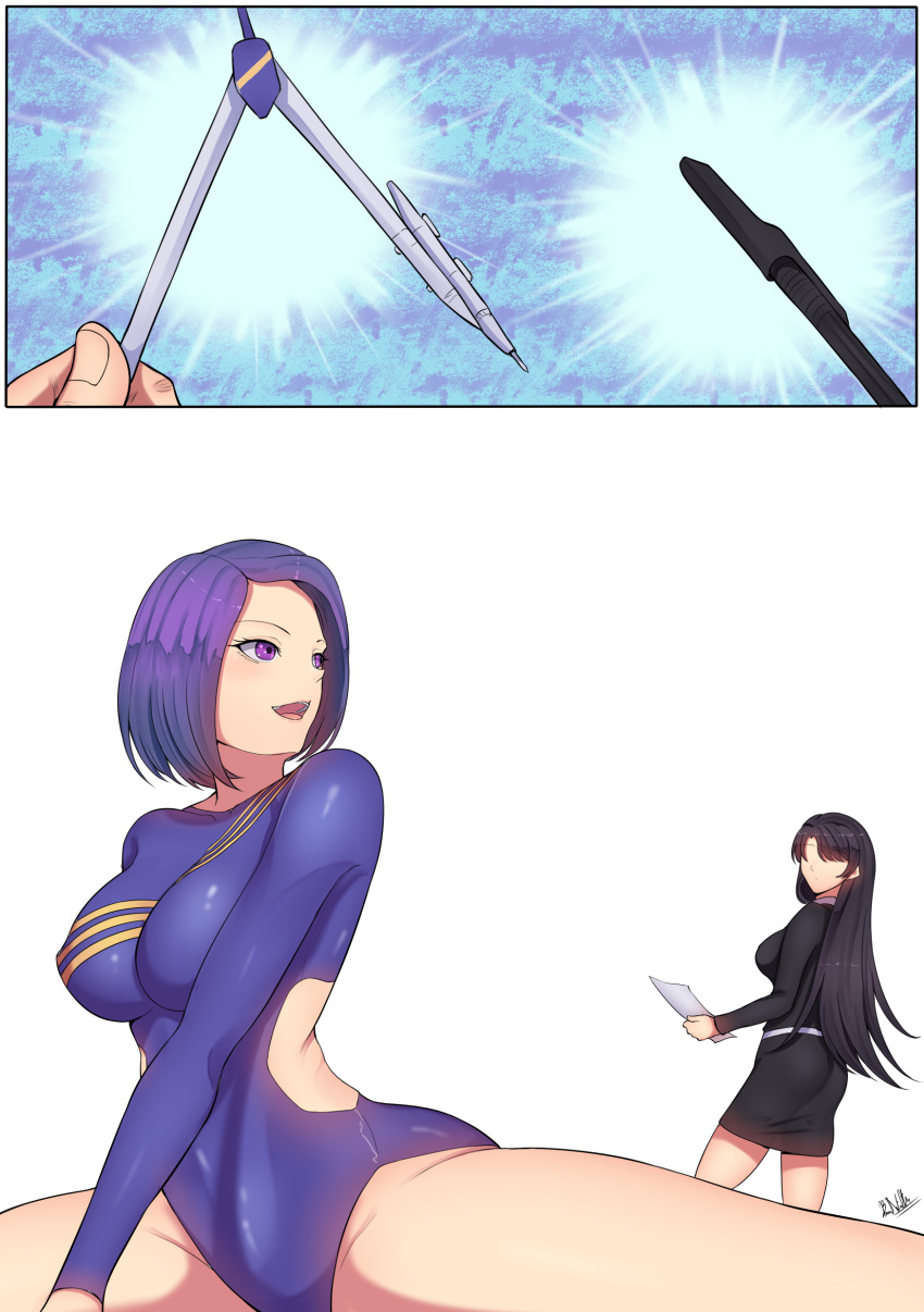 2girls, absurdres, ass, band-width, black_hair, breasts, comic, compass_(instrument)