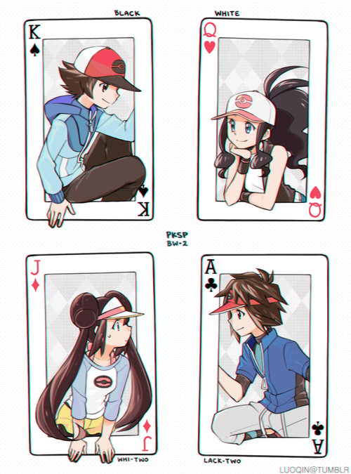 2boys, 2girls, annotated, baseball_cap, black_(pokemon), blue_eyes, breasts, card, character_name, closed_mouth, copyright_name, creatures_(company), double_bun, eye_contact, game_freak, hat, lack-two_(pokemon), long_hair, long_sleeves, looking_at_another, luo-qin, multiple_boys, multiple_girls, nintendo, playing_card, pokemon, pokemon_special, short_sleeves, sleeveless, small_breasts, smile, twintails, upper_body, whi-two_(pokemon), white_(pokemon)