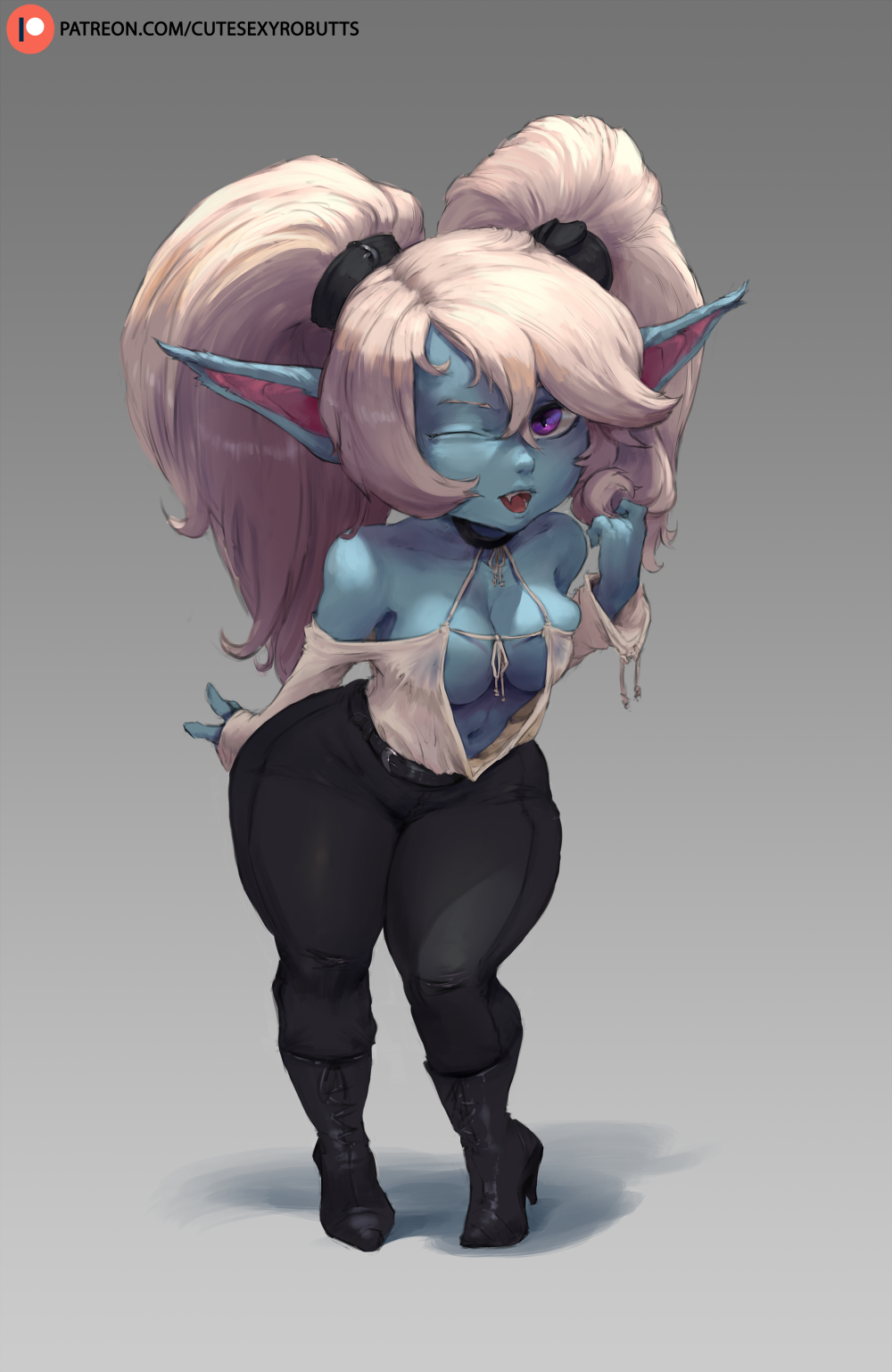 1girl, bare_shoulders, belt, blonde_hair, blue_eyes, blue_skirt, boots, breasts, cleavage, collarbone, curvy, cutesexyrobutts, gradient, gradient_background, grey_background, hair_twirling, high_heel_boots, high_heels, highres, large_breasts, league_of_legends, leaning_forward, long_hair, looking_at_viewer, navel, one_eye_closed, open_mouth, pants, pointy_ears, poppy, short_stack, skirt, smile, solo, standing, thick_thighs, thighs, twintails, violet_eyes, wide_hips, yordle