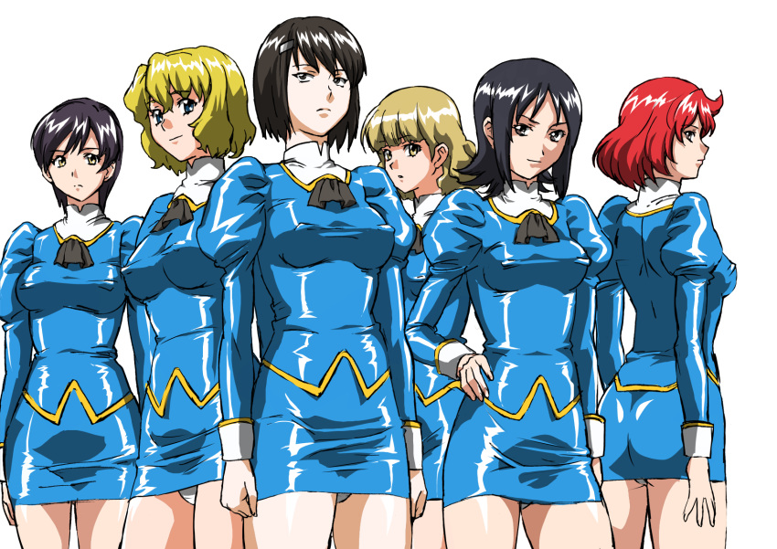 6+girls, agent_aika, aika_(series), ass, black_hair, black_neckwear, blonde_hair, blue_delmo
