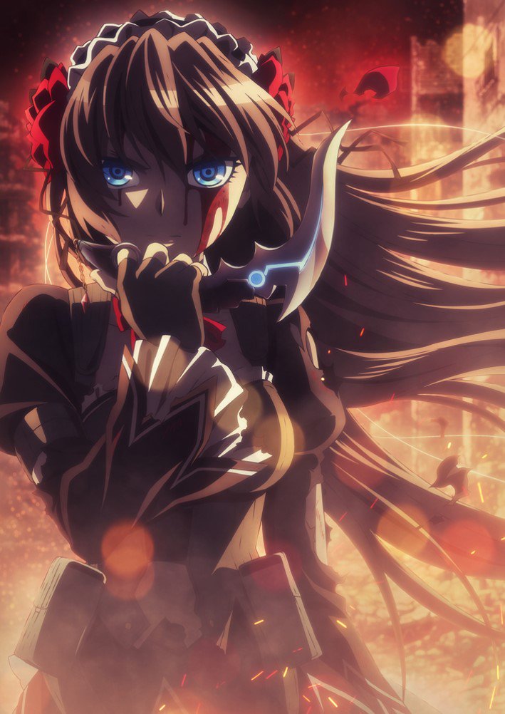 1girl, artist_request, black_dress, black_gloves, blood, blue_eyes, bow, bowtie