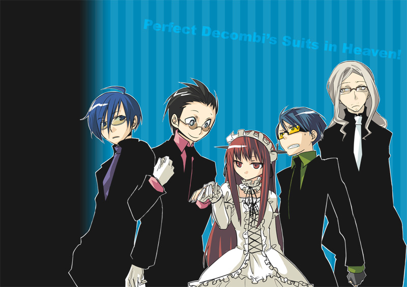 black_hair, blue_eyes, blue_hair, dress, formal, glasses, gothic_lolita, grey_hair
