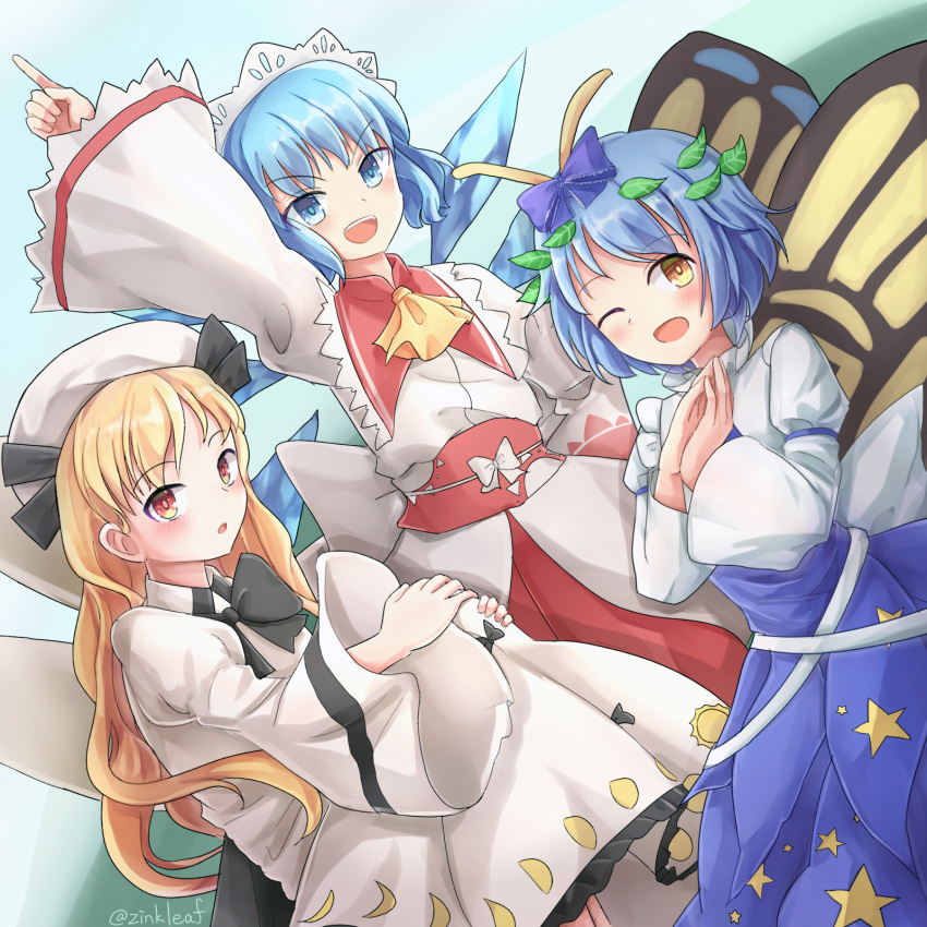 3girls, :o, antennae, arm_above_head, black_bow, black_neckwear, blonde_hair, blue_bow