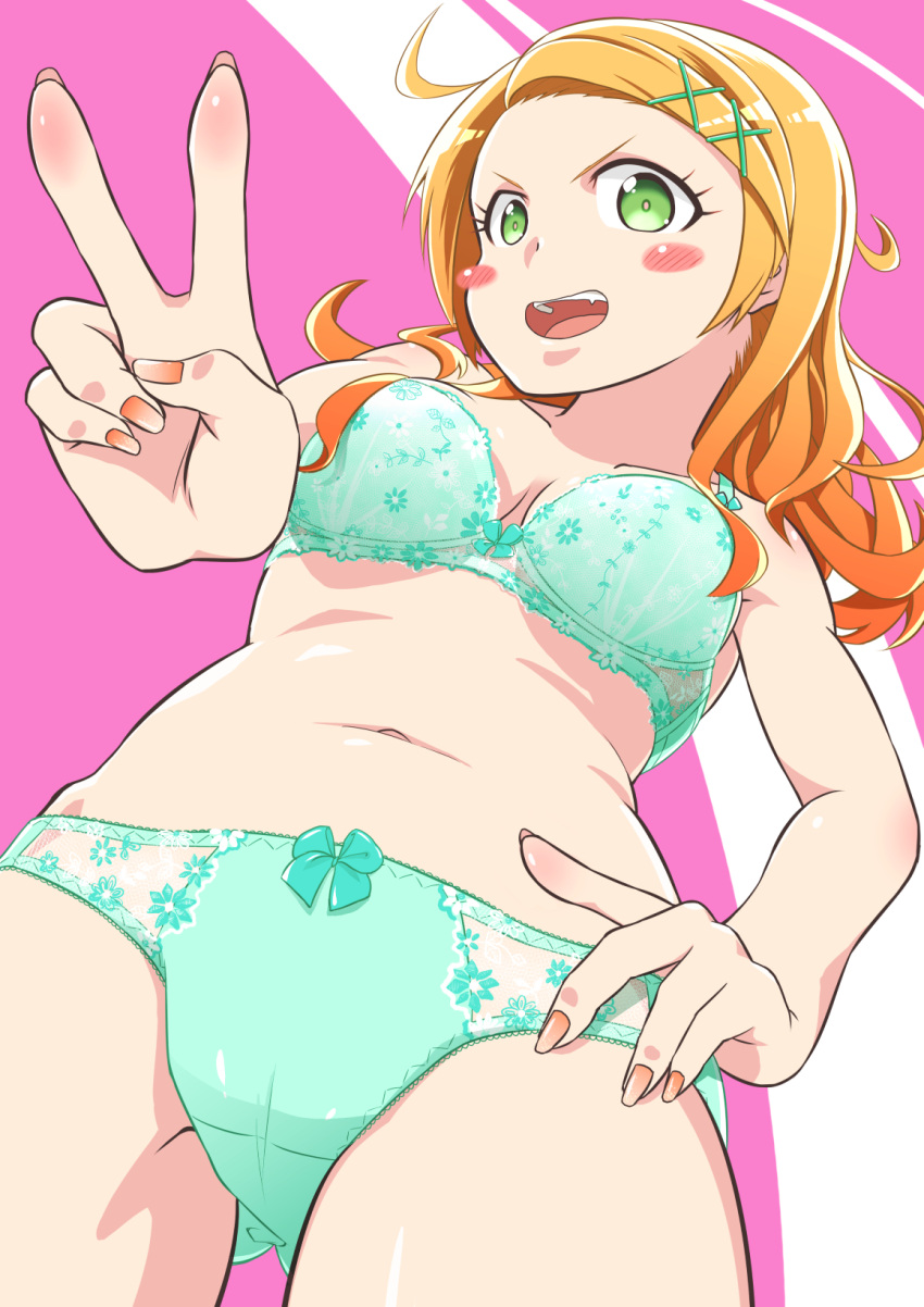 1girl, ahoge, ass_visible_through_thighs, bangs, blush, bow, bow_bra, bow_panties