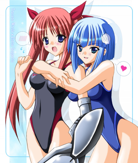 armor, bare_shoulders, blue_eyes, blue_hair, blush, breasts, competition_swimsuit, gauntlets