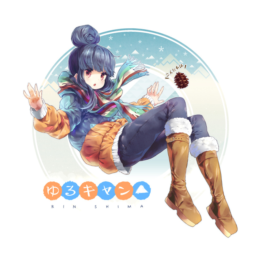 1girl, blue_hair, blush, boots, brown_footwear, character_name, coat, denim