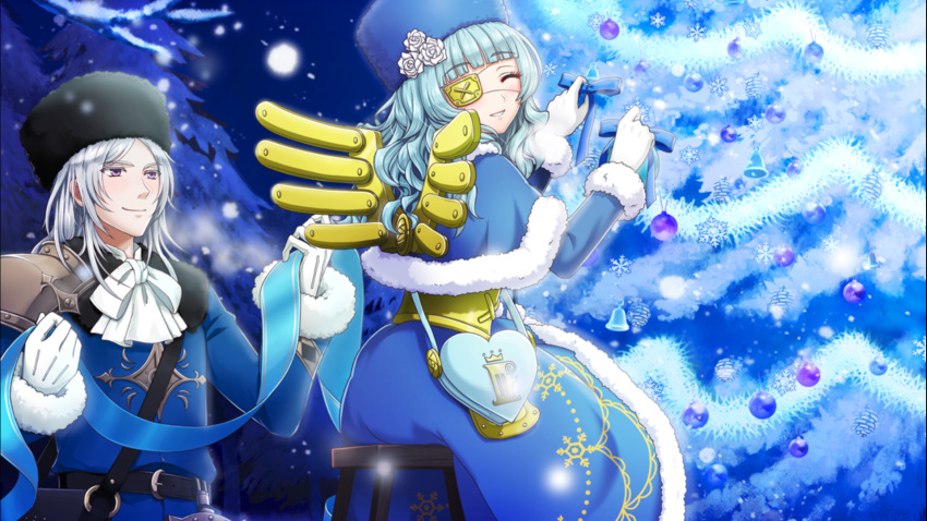 2boys, aleksandr_(senjuushi), androgynous, bangs, blue_coat, blue_hair, blunt_bangs, closed_eyes