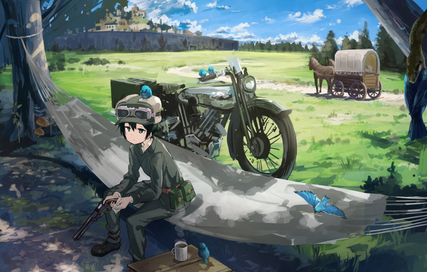 1girl, animal, animal_on_head, belt, bird, bird_on_head, black_eyes, black_hair, boots, brough_superior, closed_mouth, colt_1851_navy, commentary, cup, day, goggles, goggles_on_headwear, grass, green_jacket, green_pants, ground_vehicle, gun, hammock, handgun, hat, hermes, highres, holding, holding_gun, holding_weapon, horse, jacket, kamemaru, kino, kino_no_tabi, long_sleeves, motor_vehicle, motorcycle, on_head, outdoors, pants, pouch, revolver, short_hair, sitting, snake, solo, steam, tree, wagon, weapon