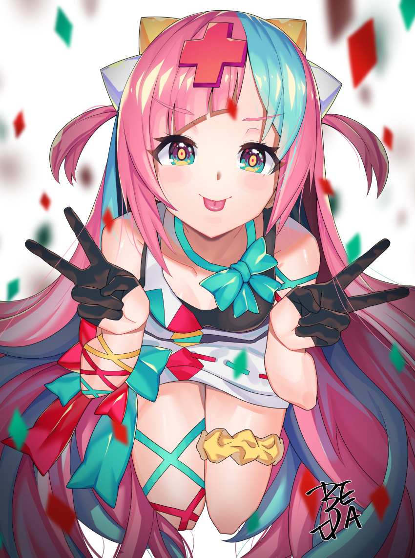 1girl, absurdres, arm_ribbon, bangs, bare_shoulders, be_garam, black_bra, black_gloves