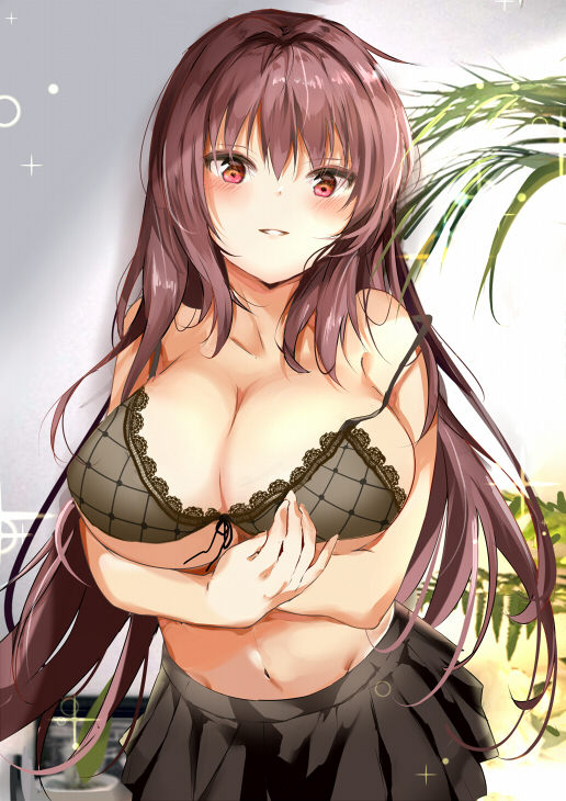 1girl, arms_under_breasts, bangs, black_bra, black_skirt, blush, bra, breasts
