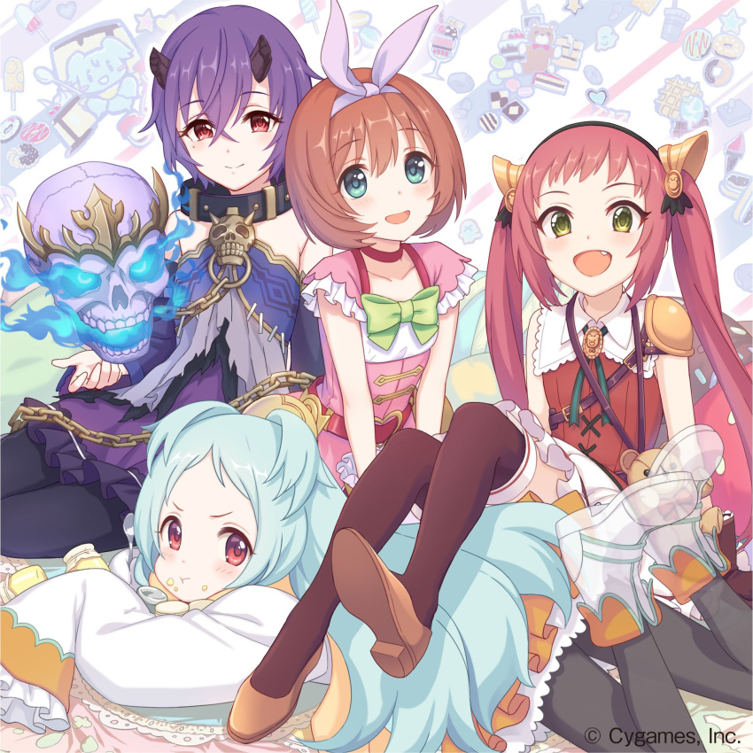 4girls, bare_arms, bare_shoulders, black_legwear, blue_hair, broken_horn, brown_hair, chains, collar, collared_shirt, cygames, fang_out, ghost, green_eyes, hair_between_eyes, hair_ribbon, hairband, highres, hojo_ayane, horns, izumo_miyako, kamiki_shinobu, kuribayashi_kurumi, long_hair, multiple_girls, official_art, open_mouth, princess_connect!, princess_connect!_re:dive, purple_hair, red_eyes, redhead, ribbon, shirt, short_hair, shoulder_pads, skull, sleeves_past_wrists, thigh-highs, transparent_limb, twintails