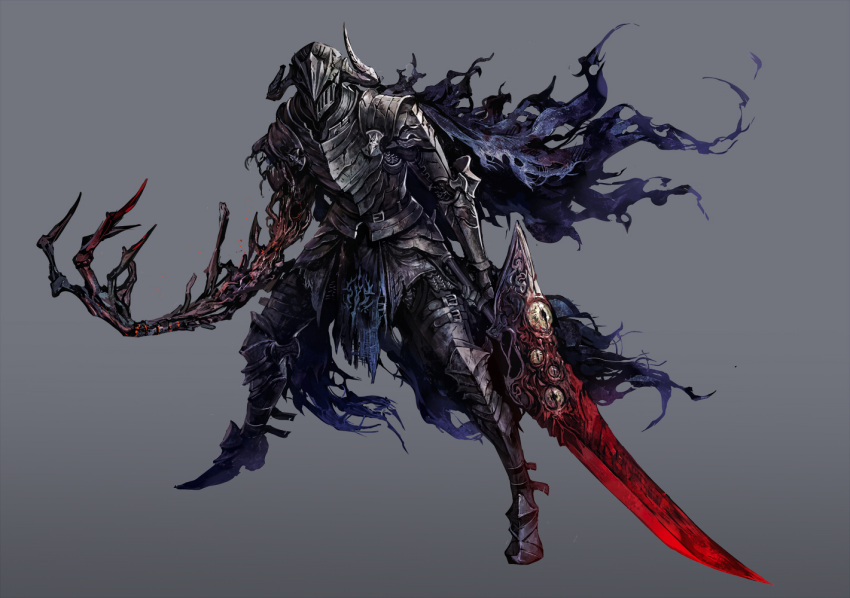 1boy, armor, belt, belt_buckle, bone, broken_horn, buckle, cape