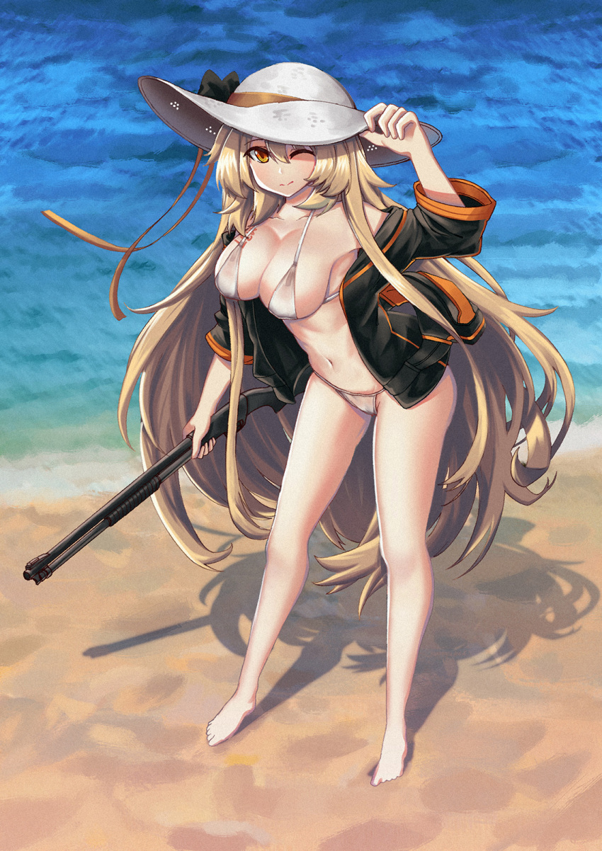 1girl, barefoot, beach, bikini, black_jacket, blonde_hair, breasts, character_name, cleavage, collarbone, full_body, girls_frontline, gun, hat, highres, ithaca_m37, ithaca_m37_(girls_frontline), jacket, large_breasts, long_hair, looking_at_viewer, one_eye_closed, open_clothes, open_jacket, orange_eyes, persocon93, rifle, sand, shotgun, solo, standing, sun_hat, swimsuit, very_long_hair, waves, weapon, white_bikini, white_hat