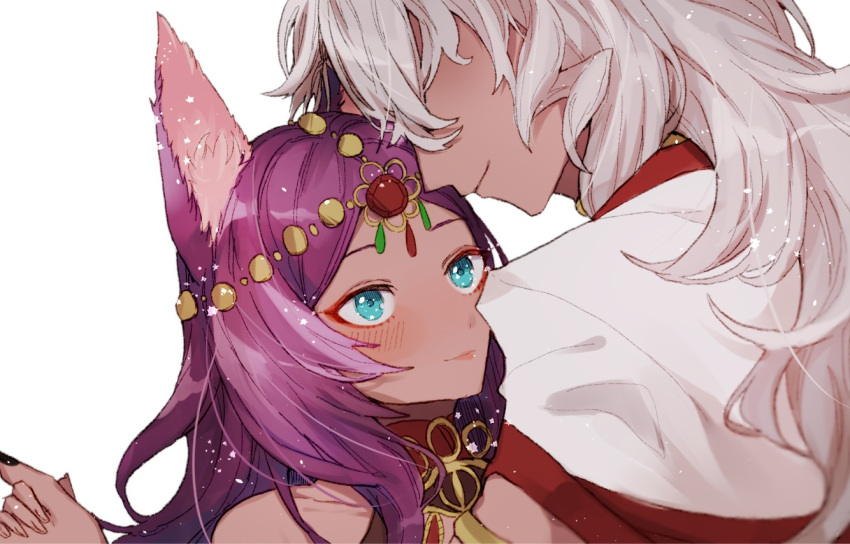1boy, 1girl, animal_ears, aqua_eyes, bangs, black_nails, blush, closed_mouth, collar, couple, covered_eyes, dark_skin, dark_skinned_male, eyeshadow, fate/grand_order, fate_(series), from_behind, gem, grey_hair, hair_over_eyes, hand_holding, head_chain, head_to_head, hug, jewelry, kamiemonsan, light_particles, light_smile, long_hair, looking_at_another, makeup, nail_polish, neck_ring, parted_bangs, purple_hair, queen_of_sheba_(fate/grand_order), shiny, shiny_hair, sidelocks, simple_background, solomon_(fate/grand_order), upper_body, white_background