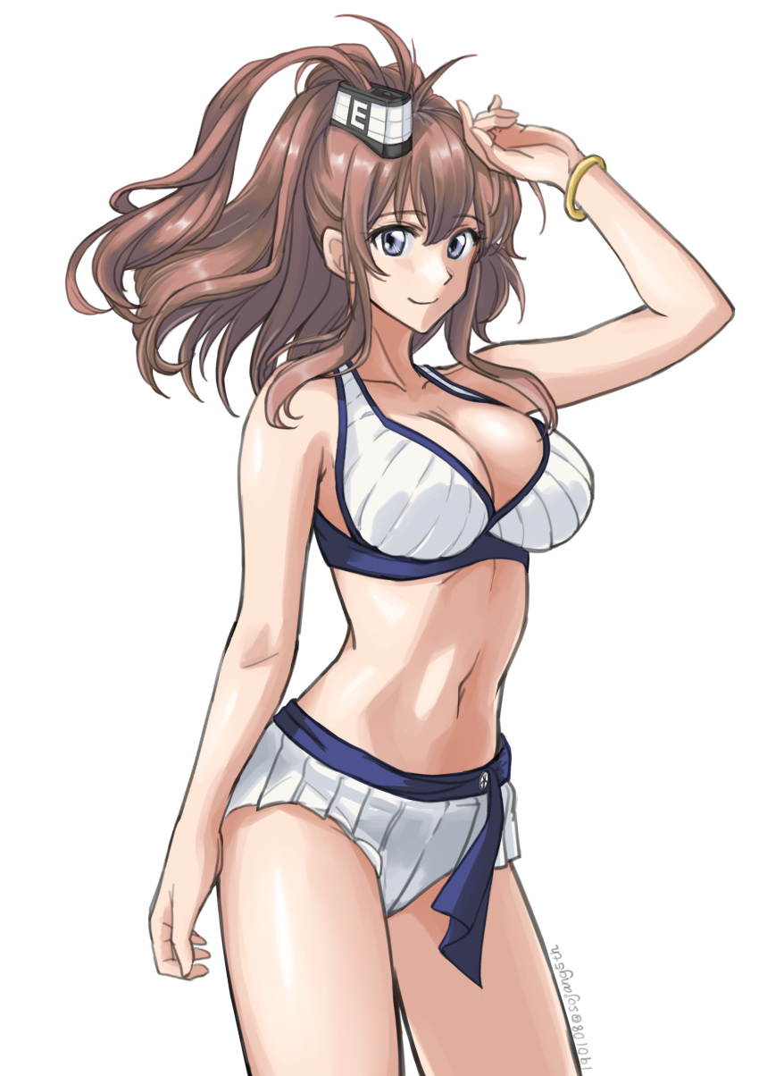 1girl, adapted_costume, arm_up, bikini, bracelet, breasts, brown_hair, cleavage