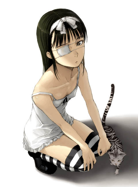 black_hair, cat, dress, eyepatch, grey_eyes, hairband, long_hair, looking_up, squat, squatting, strap_slip, striped, striped_legwear, striped_thighhighs, thigh-highs, thighhighs, yoneda_taishou