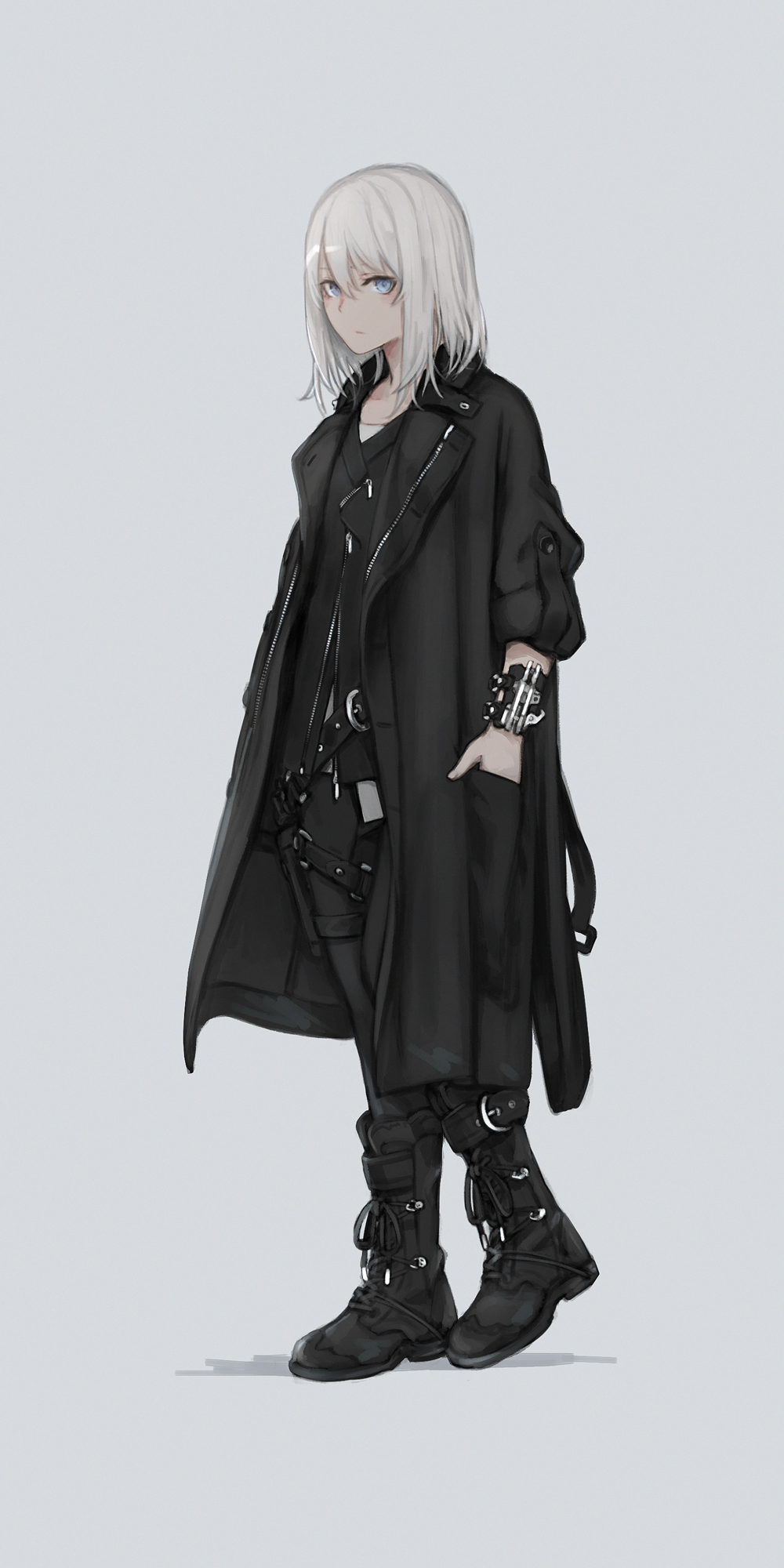 1girl, bangs, black_coat, black_footwear, black_pants, black_shirt, blue_eyes, boots