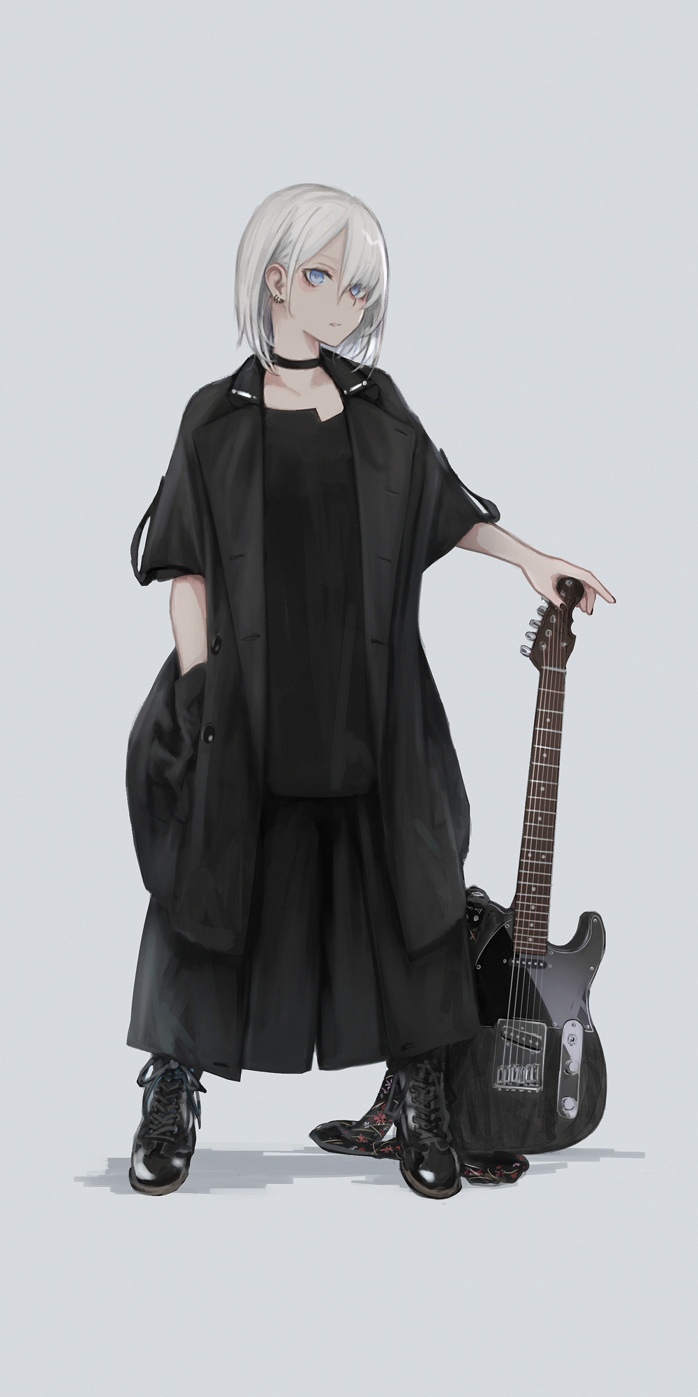 1girl, black_coat, black_footwear, black_shirt, black_skirt, blue_eyes, closed_mouth, coat