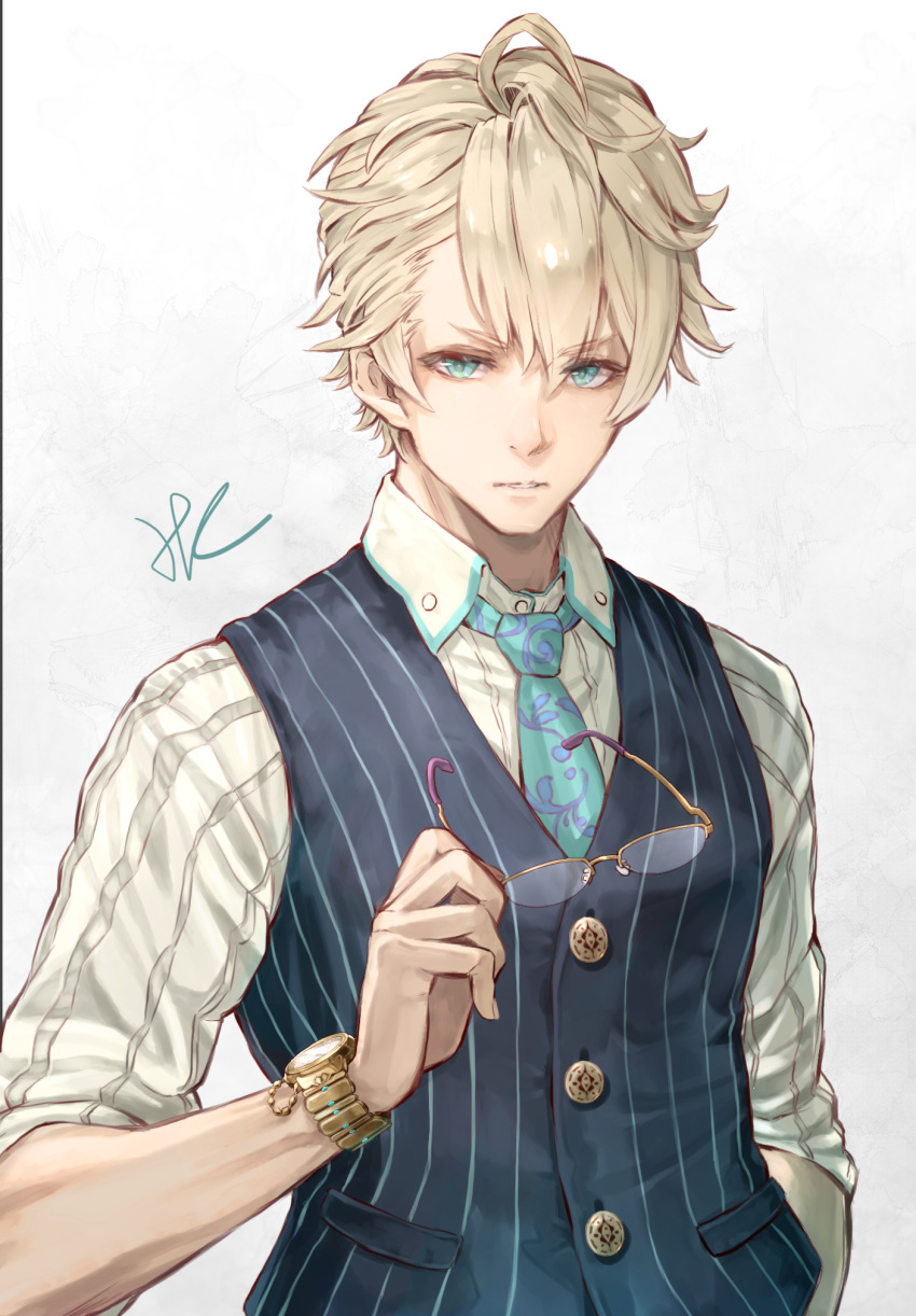 1boy, ahoge, aladdin_(sinoalice), bangs, blonde_hair, blue_eyes, blue_neckwear, blue_vest