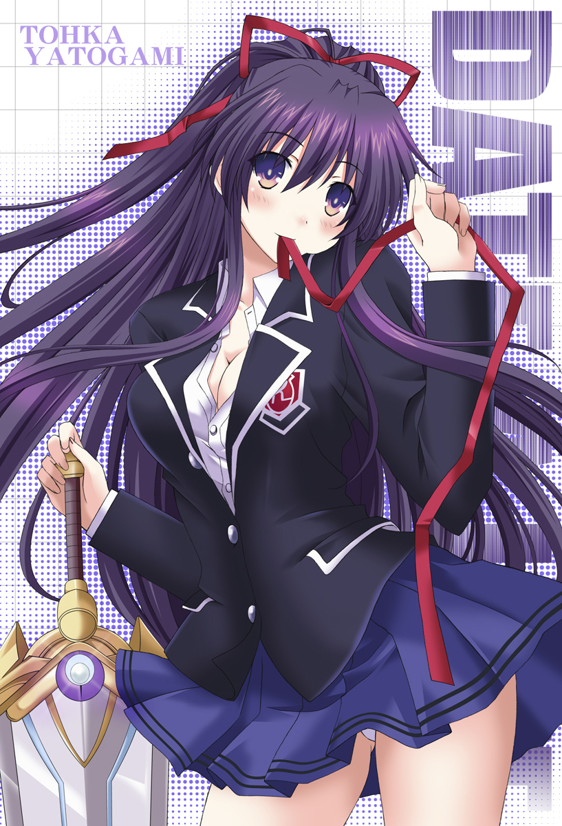 1girl, black_jacket, blue_skirt, blush, breasts, character_name, cleavage, collarbone