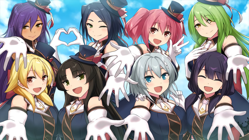 bangs, black_hair, blonde_hair, blue_eyes, breasts, brown_hair, fuma_lily, hanao_akari, highres, izo_fuma, kashima_nanao, kokonohi_hotaru, large_breasts, long_hair, looking_at_viewer, machiyuki_ricka, moe!_ninja_girls, moe_ninja_girls, momochi_myu, multiple_girls, open_mouth, red_eyes, saion-ji_enju, short_hair, simple_background, smile, suou_yamabuki, yomoda_tengge