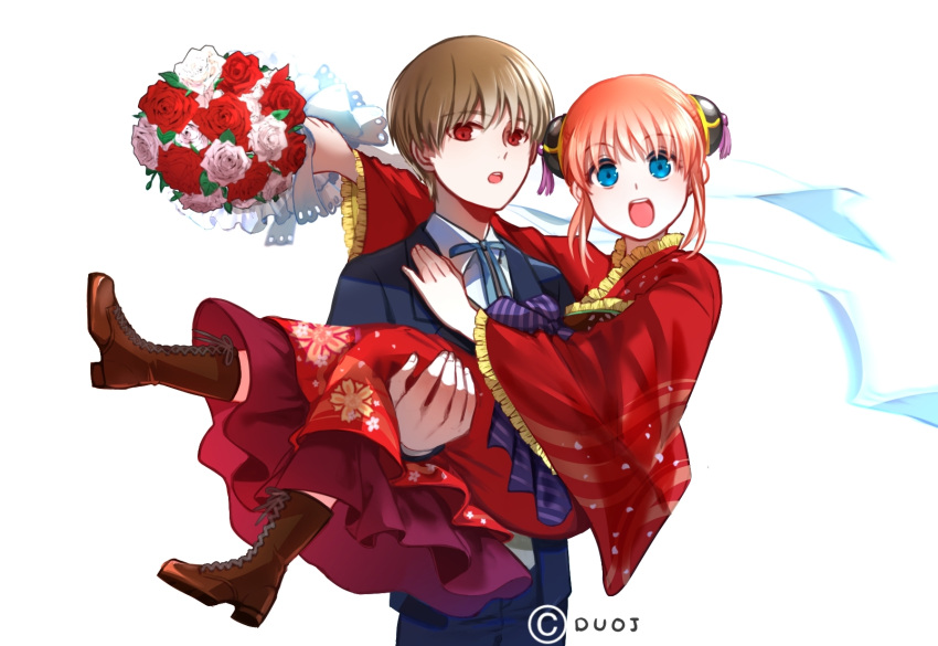1boy, 1girl, :o, blue_eyes, blue_jacket, blue_pants, blue_ribbon, boots