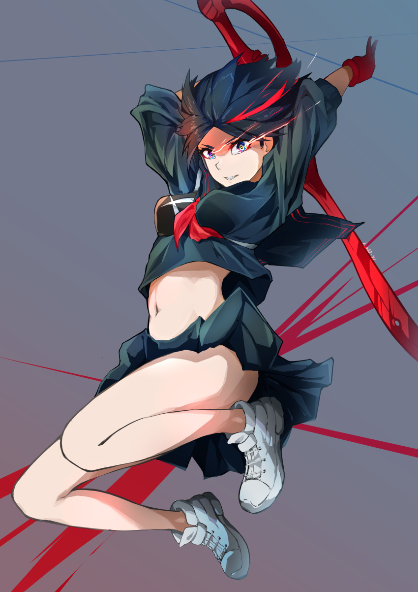 1girl, absurdres, arms_up, black_hair, black_sailor_collar, black_serafuku, black_shirt, black_skirt