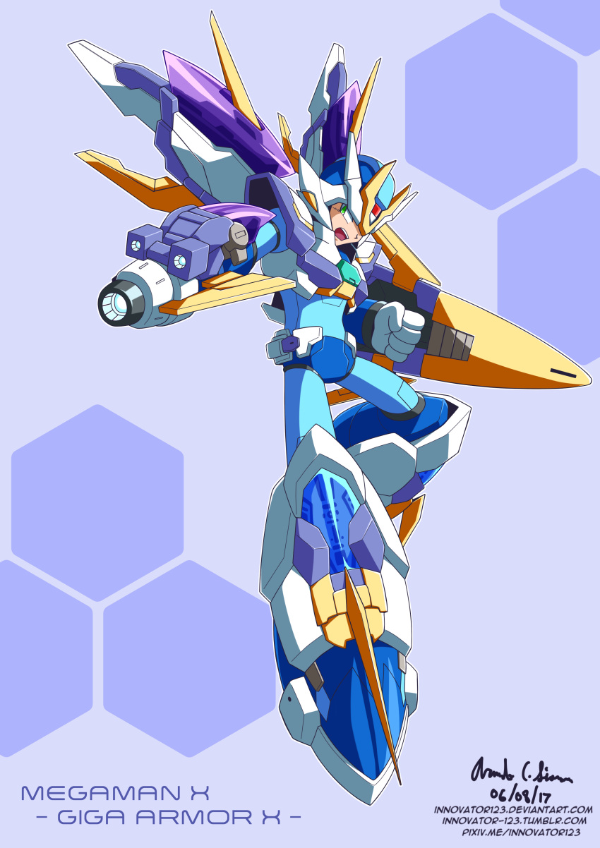 1boy, absurdres, alternate_costume, alternate_form, android, arm_cannon, armor, capcom, commentary, english_commentary, gloves, green_eyes, helmet, highres, innovator123, male_focus, mega_man_(series), mega_man_x_(series), robot, rockman, rockman_x, rockmanx, solo, solo_focus, weapon, x_(mega_man), x_(rockman)