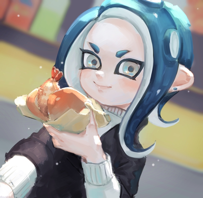 1girl, act_(a_moso), blue_hair, blurry, blurry_background, closed_mouth, dutch_angle, earrings, food, grey_eyes, hand_up, holding, holding_food, jewelry, long_hair, long_sleeves, octarian, octoling, smile, solo, splatoon, splatoon_(series), splatoon_2, suction_cups, tempura, tentacle_hair, upper_body
