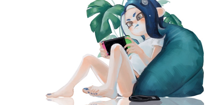 1girl, act_(a_moso), bare_legs, barefoot, bean_bag_chair, black_panties, blue_hair, blue_nails