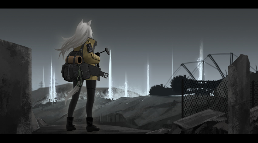 1girl, animal_ears, backpack, bag, dw, facing_away, full_body, gun