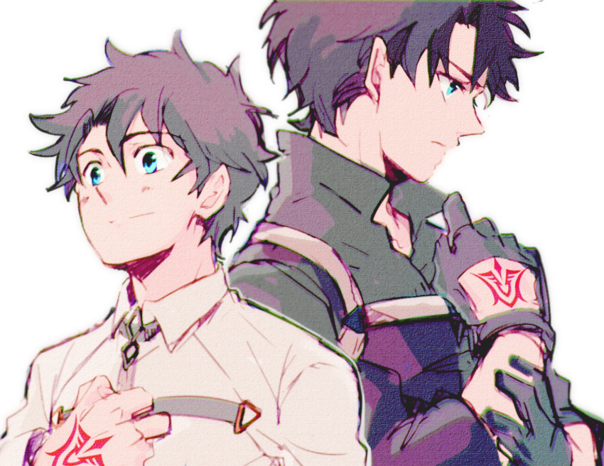 1boy, black_hair, blue_eyes, buckle, chaldea_uniform, chromatic_aberration, command_spell, fate/grand_order
