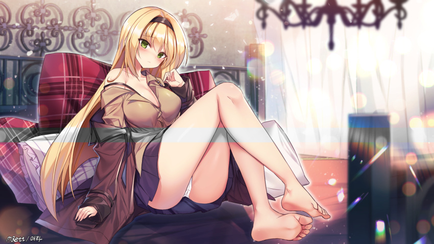 1girl, bare_legs, bed, black_bra, blonde_hair, blurry, blush, bra