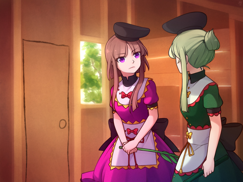 2girls, bamboo, bangs, brown_hair, commentary, cowboy_shot, day, dress, english_commentary, eyebrows_visible_through_hair, frown, green_hair, hair_bun, hands_together, hat, head_tilt, high_collar, holding_plant, indoors, layered_dress, looking_at_another, meme, multiple_girls, myouga_(plant), nishida_satono, parted_bangs, pink_dress, short_hair, short_sleeves, sidelocks, speckticuls, tate_eboshi, teireida_mai, touhou, violet_eyes