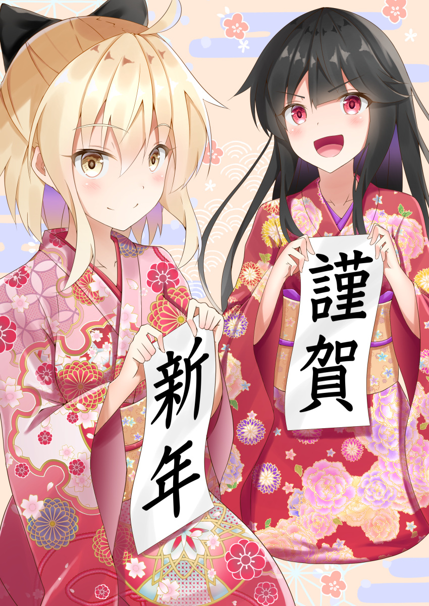 2girls, absurdres, ahoge, alternate_costume, black_bow, black_hair, blonde_hair, blush