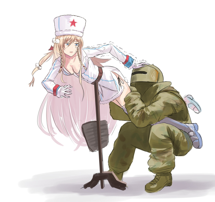 1boy, 1girl, absurdres, anger_vein, angry, body_armor, breasts, cleavage