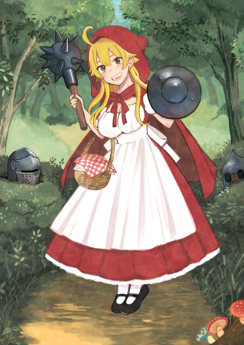 1girl, 2boys, ahoge, armor, basket, blonde_hair, buckler, dress
