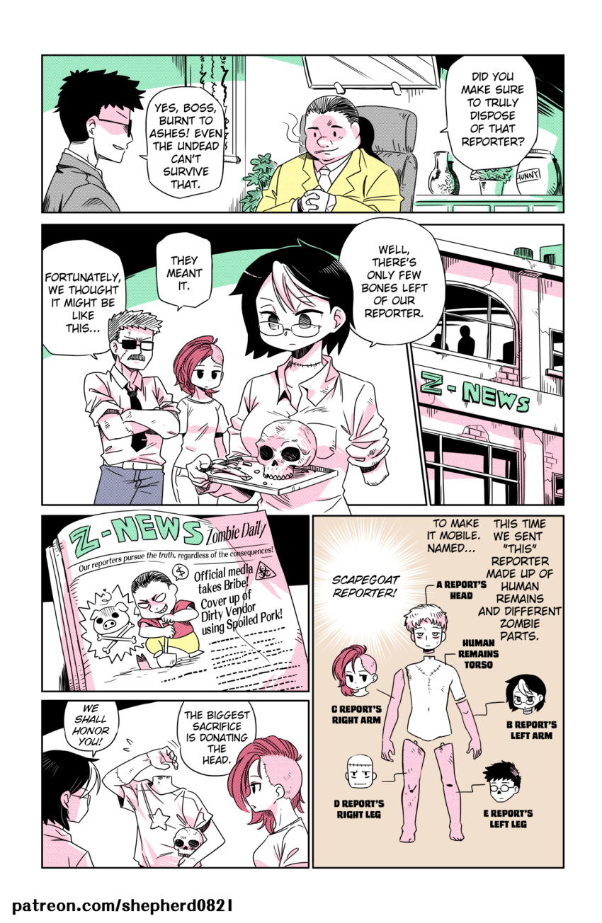 2girls, amputee, blurry_eyes, comic, dissection, eyepatch, glasses, highres, limited_palette, multiple_boys, multiple_girls, newspaper, original, scar, shepherd0821, stitches, typo, zombie