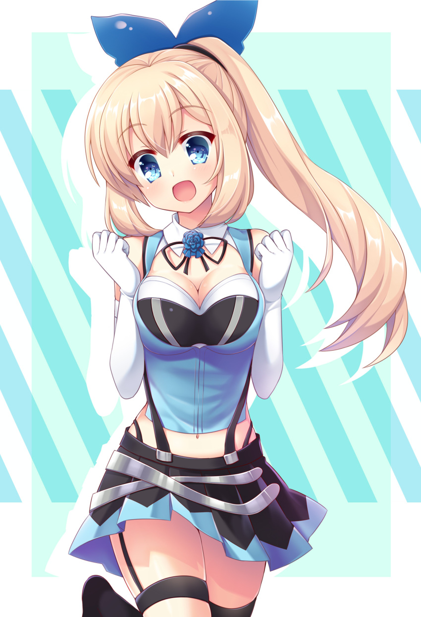 1girl, :d, absurdres, black_legwear, black_skirt, blue_bow, blue_eyes, blush