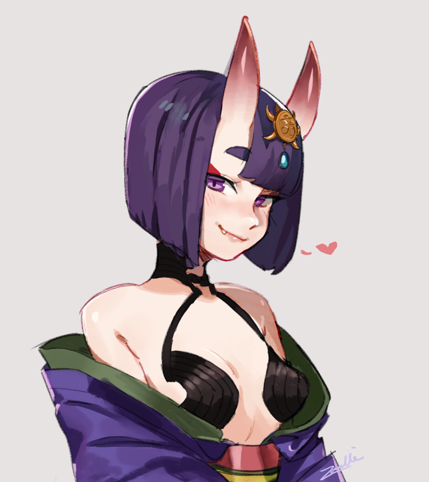 1girl, bangs, bare_shoulders, blunt_bangs, bob_cut, breasts, eyeliner, fang