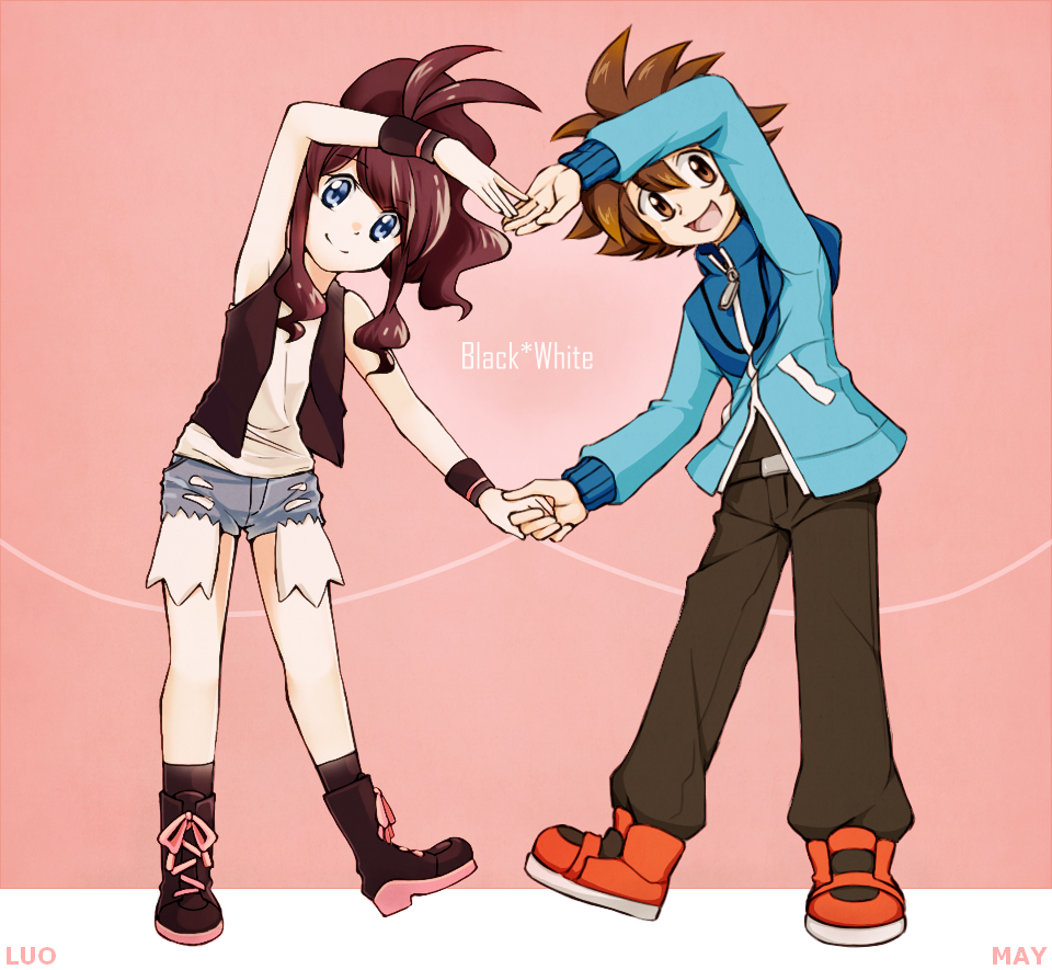 1boy, 1girl, :d, belt, black_(pokemon), black_legwear, black_pants, black_vest