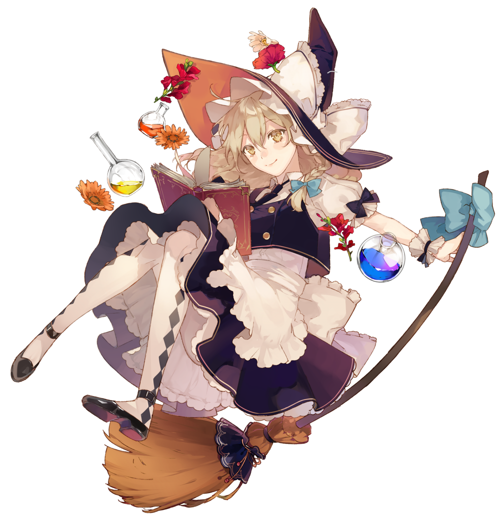 1girl, apron, black_bow, black_neckwear, blonde_hair, blue_bow, book, bow