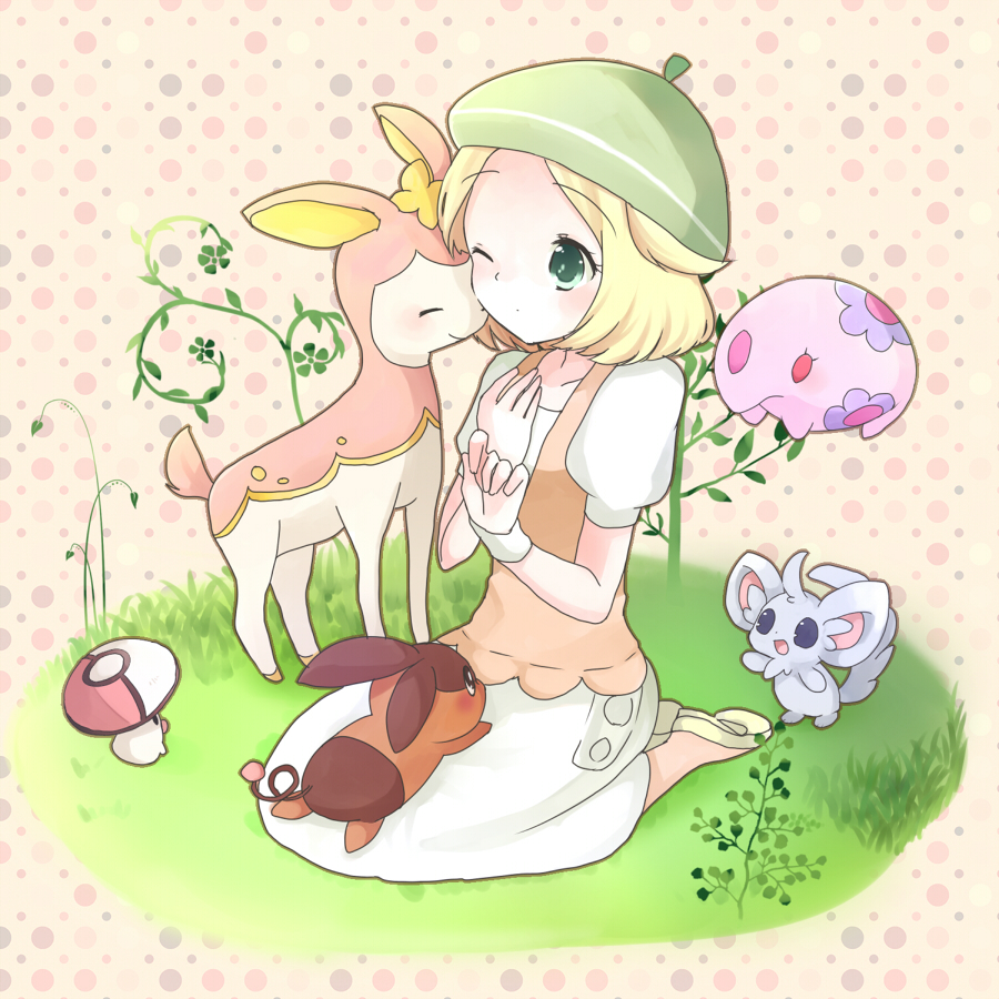 1girl, bel_(pokemon), bianca_(pokemon), blonde_hair, blush, commentary_request, creatures_(company), deerling