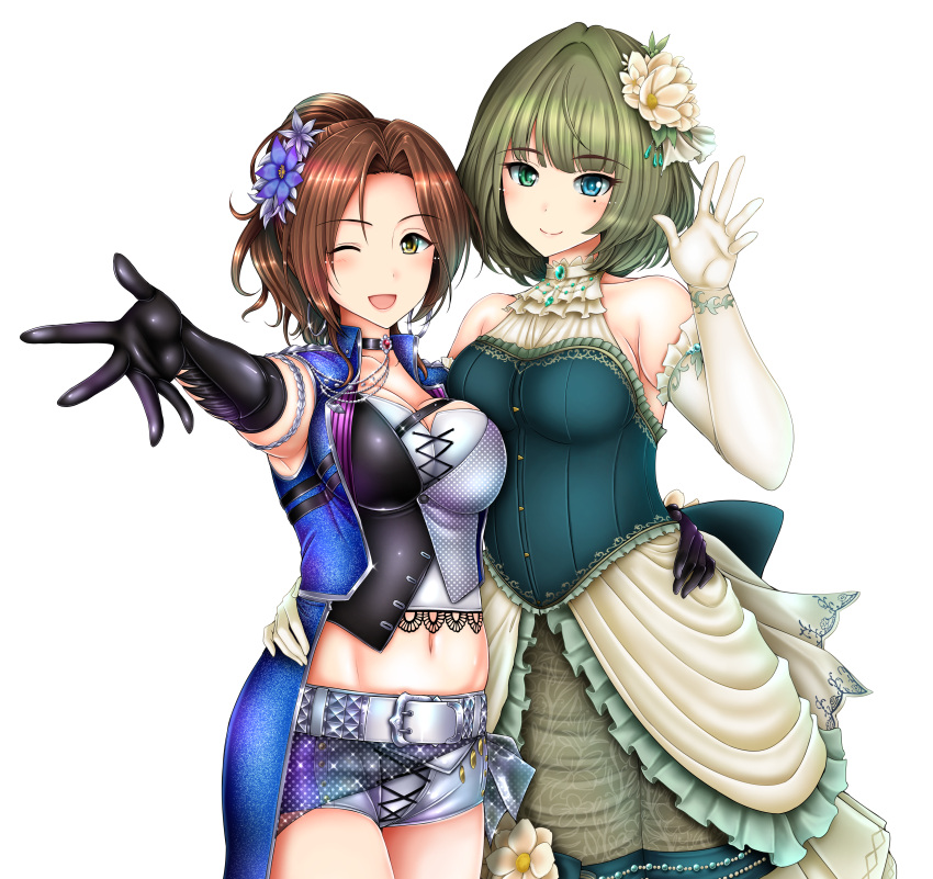 2girls, absurdres, bangs, bare_shoulders, belt, black_gloves, blue_eyes, blue_vest