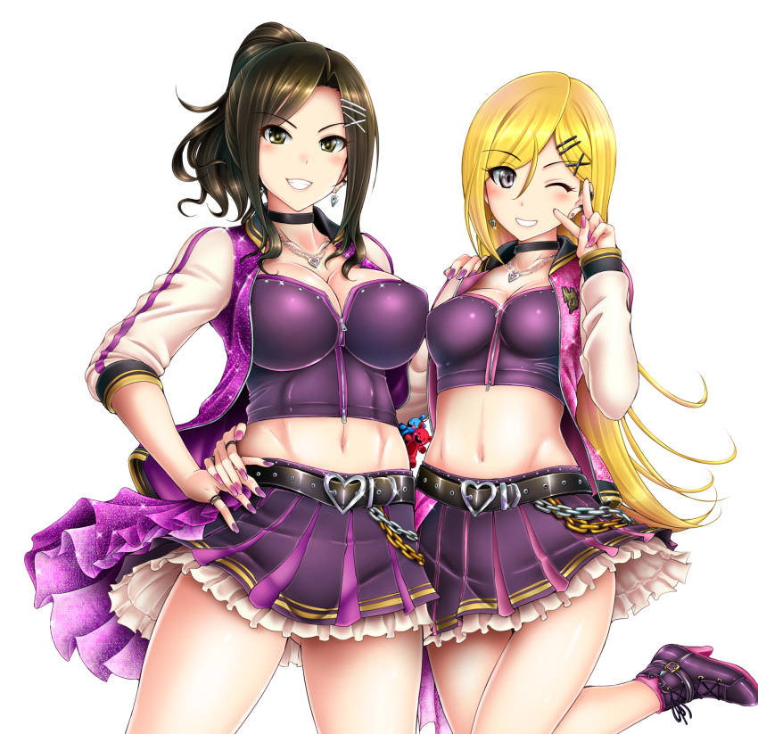 abs, bangs, belt, black_hair, blonde_hair, blush, breasts, choker