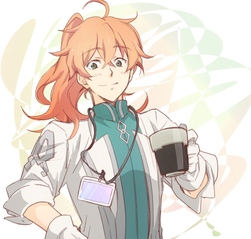 1boy, abstract_background, ahoge, blush, chaldea_uniform, cup, eyebrows_visible_through_hair, fate/grand_order