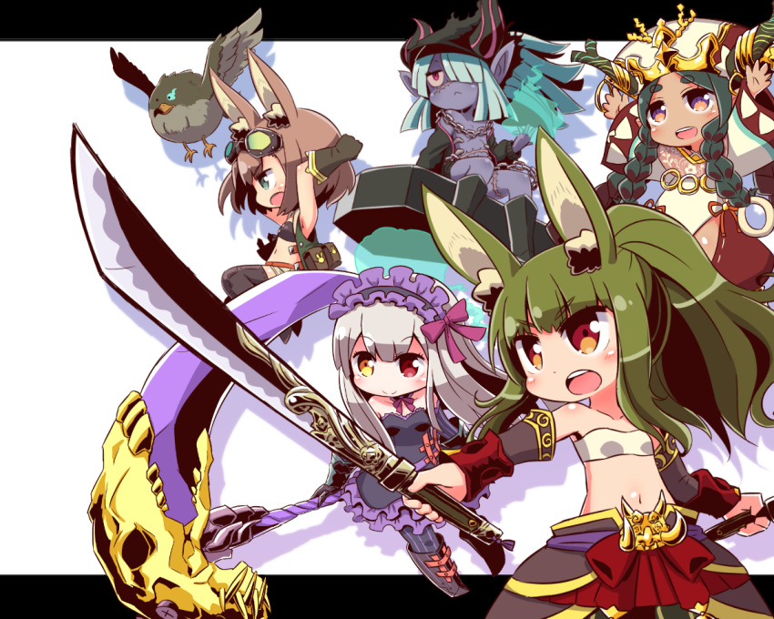 5girls, :<, :d, :o, animal, animal_ear_fluff, animal_ears, antlers