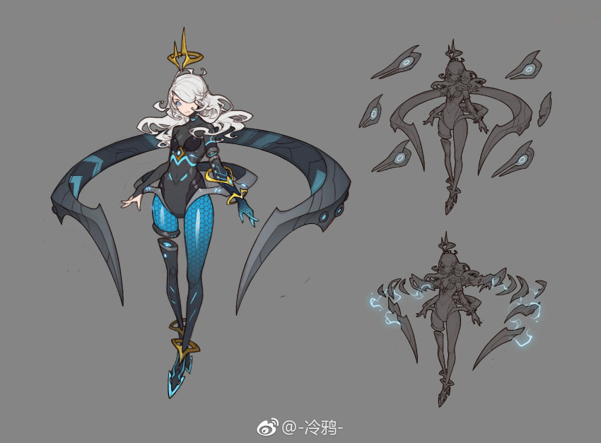 1girl, black_gloves, blue_eyes, bracelet, character_sheet, cold_weather, crown, cyborg, electricity, fingerless_gloves, floating, floating_weapon, frown, gloves, glowing, gradient, gradient_legwear, grey_background, hair_over_one_eye, hexagon, highres, jewelry, mechanical_arm, medium_hair, original, simple_background, weapon, white_hair