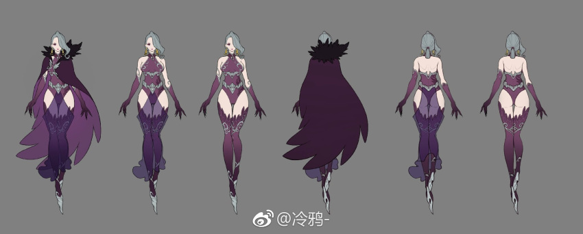 1girl, asymmetrical_gloves, bare_shoulders, belt, cape, character_sheet, cold_weather, concept_art