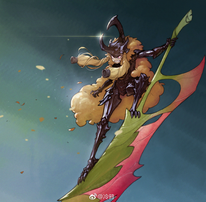 1girl, angry, armor, beetle, beetle_horn, big_hair, blonde_hair, blowing_leaves